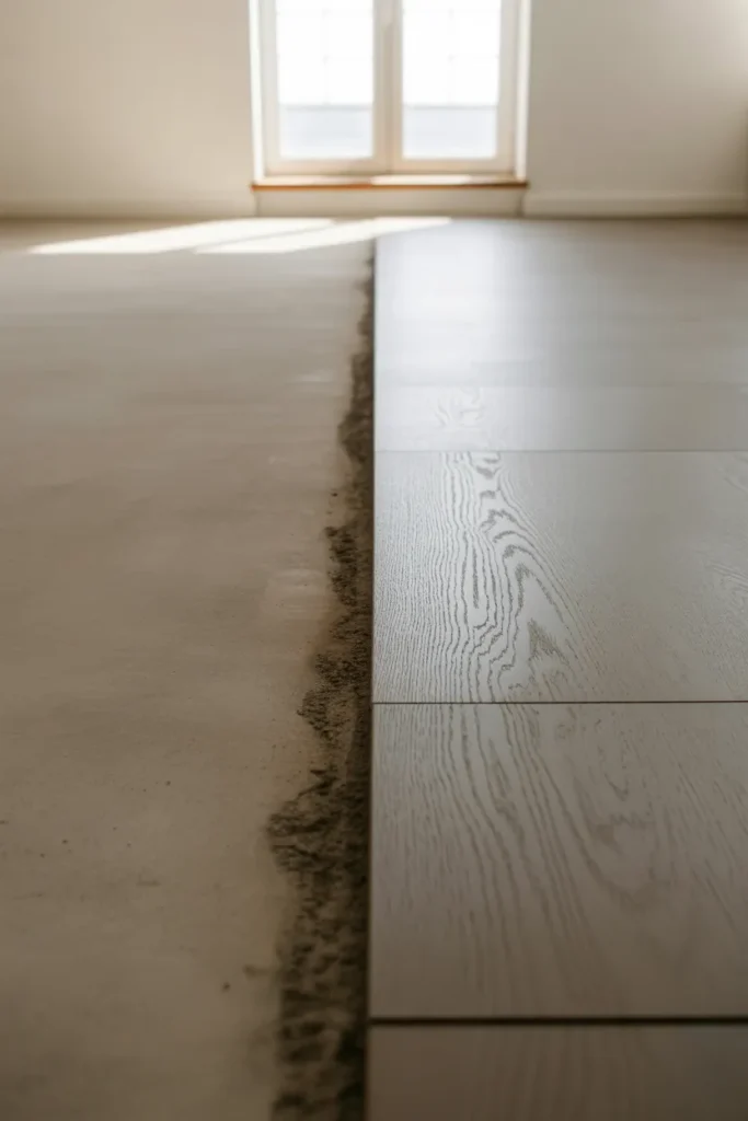 basement floor transition — polished concrete on the left meeting wide-plank matte LVP in cool greige on the right