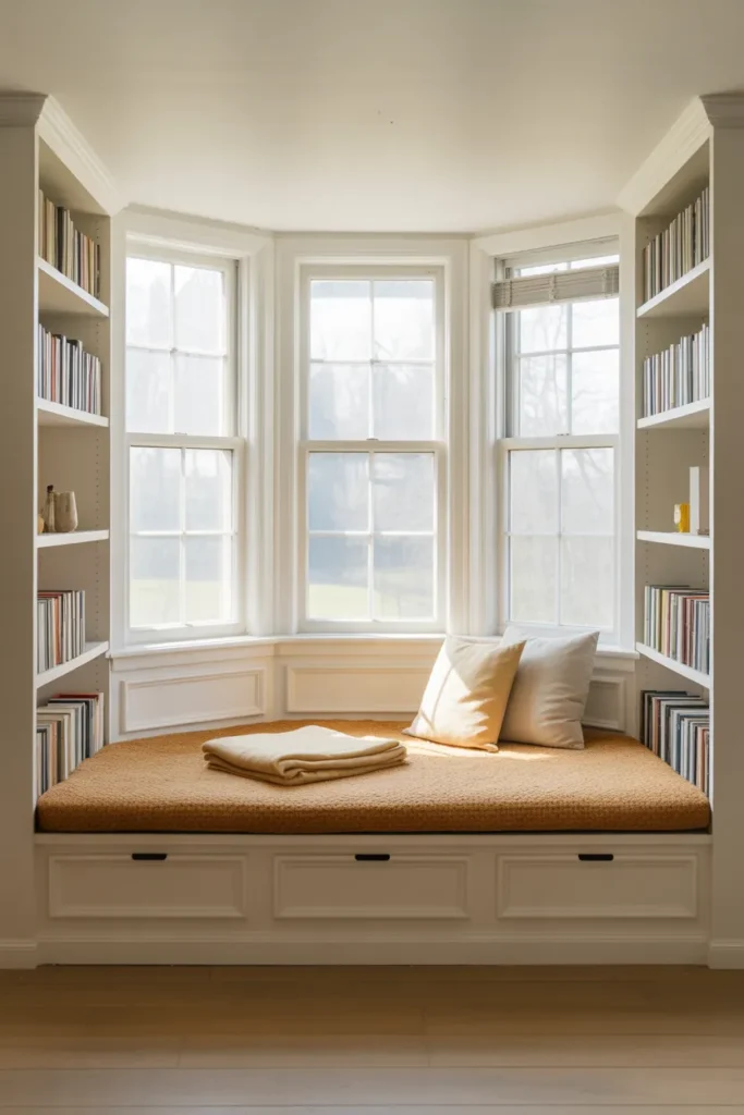 bay window seat with a thick boucle cushion