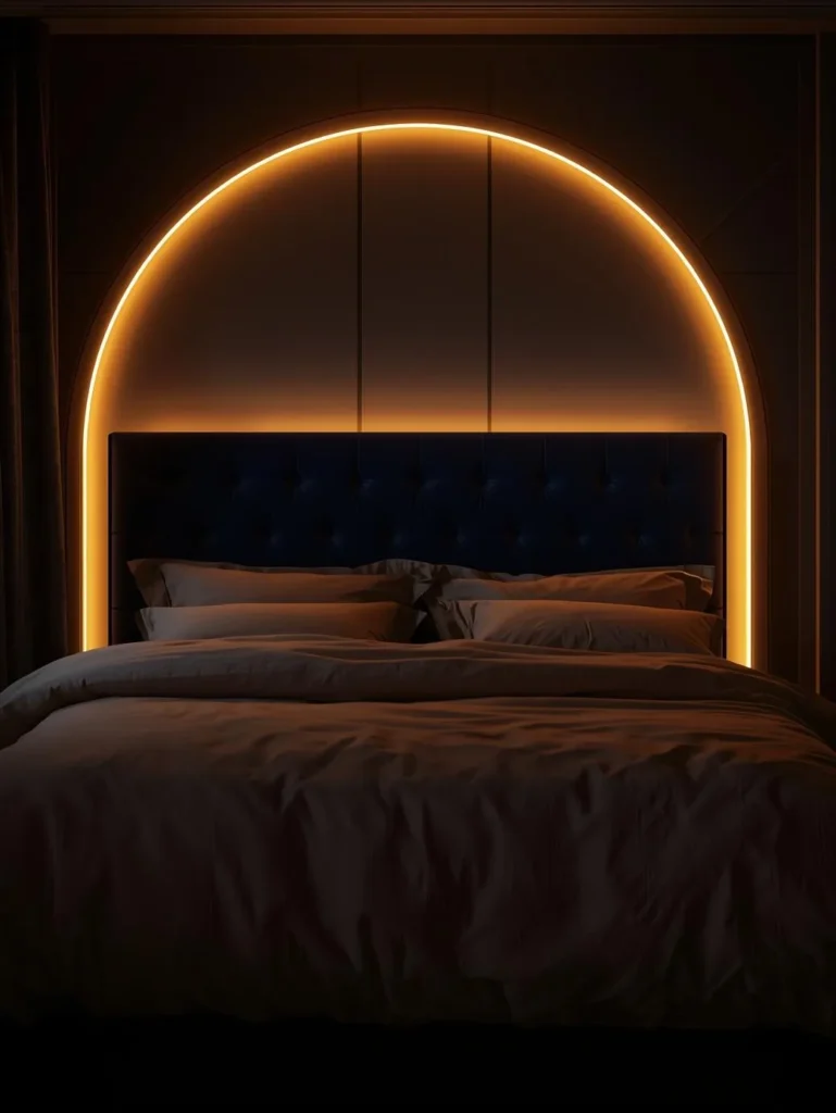 bedroom at night with warm amber LED halo lighting glowing