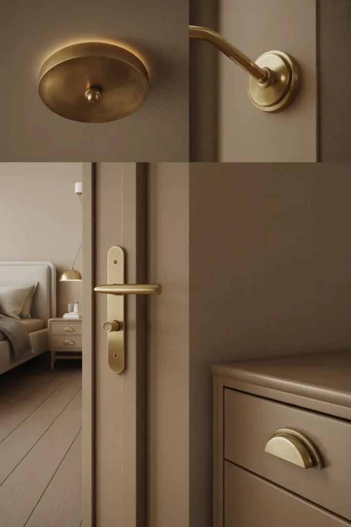 bedroom renovation detail composition showing three warm aged brass metal moments in one frame