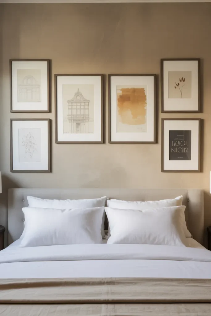 bedroom renovation gallery wall above a queen bed