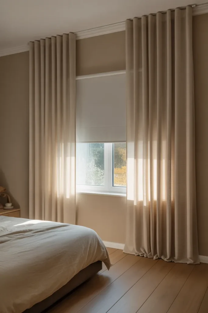 bedroom renovation window wall showing a two-layer window treatment system in full effect