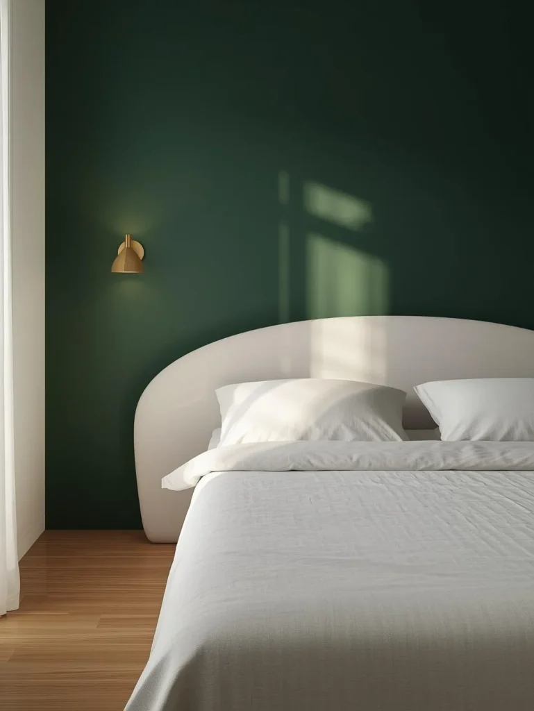 bedroom with a deep forest green accent wall behind