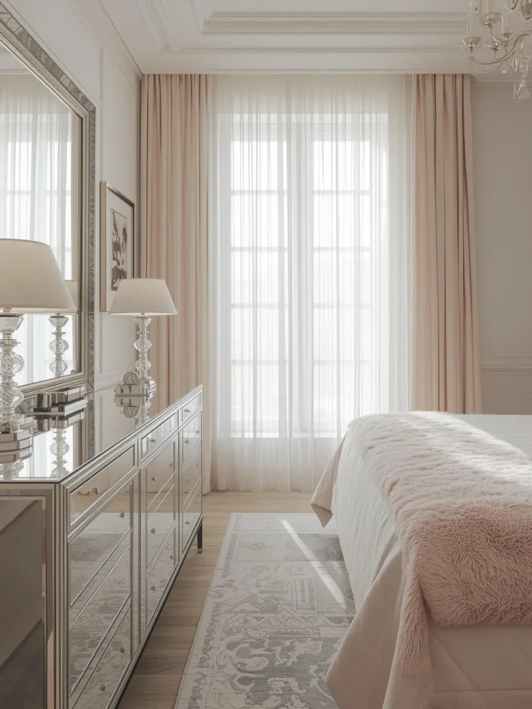 bedroom with a full mirrored dresser reflecting