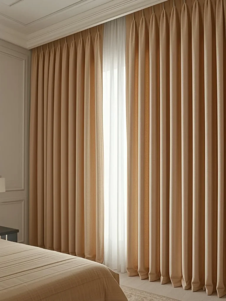 bedroom with floor-to-ceiling champagne faux silk curtains