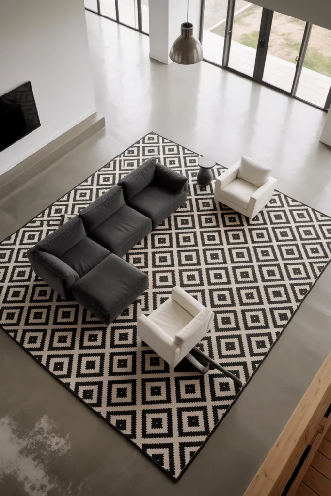 black and white diamond-pattern geometric rug