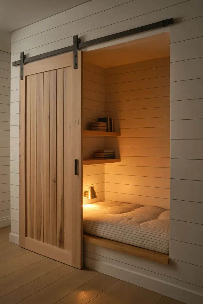 built-in reading nook set into a wall alcove