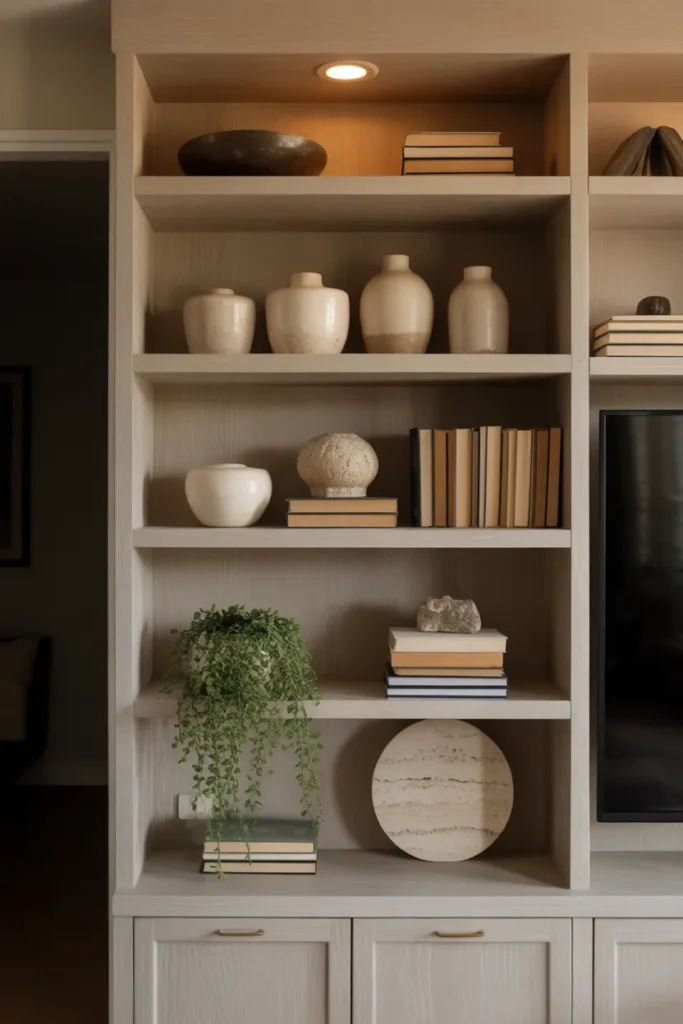 built-in white oak bookshelf in an American living room
