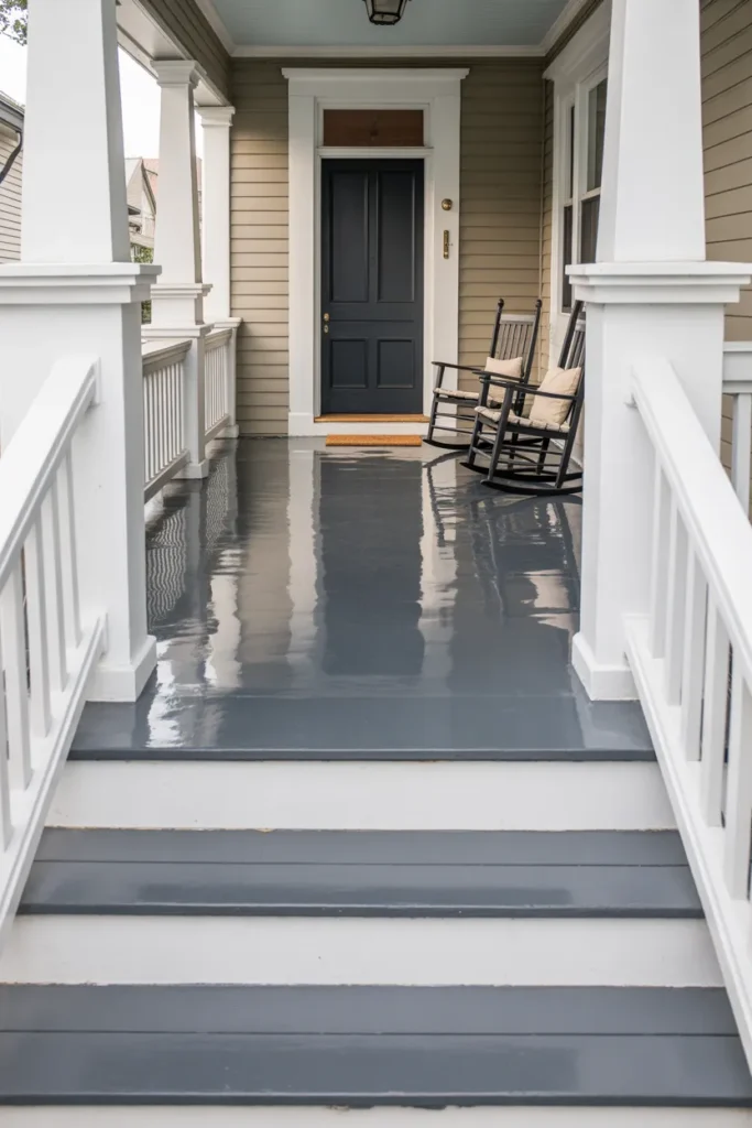 bungalow front porch with a freshly painted warm gray porch floor in semi-gloss finish