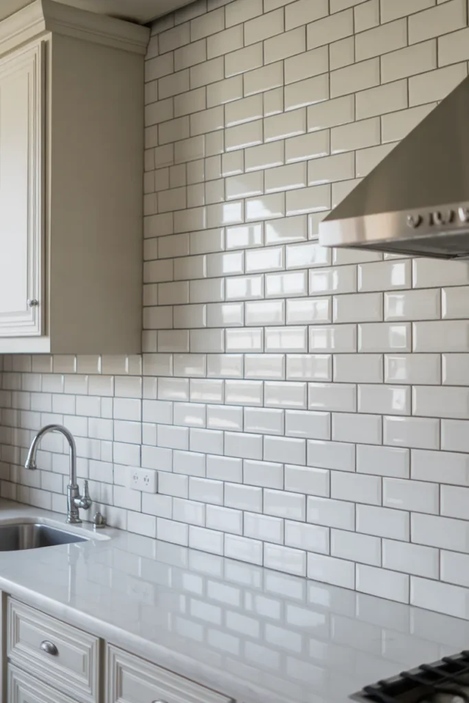 classic white beveled subway tile backsplash installed in a brick pattern