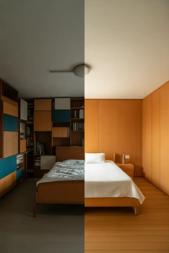 cluttered bedroom with furniture pushed against all four walls