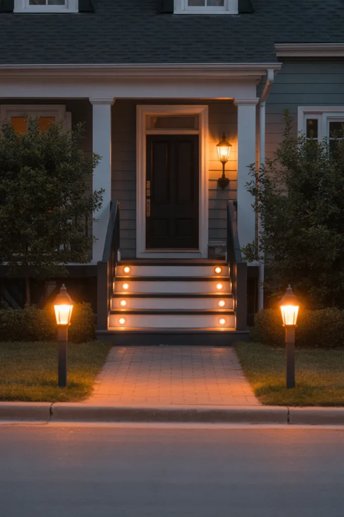 colonial-style home front porch at dusk