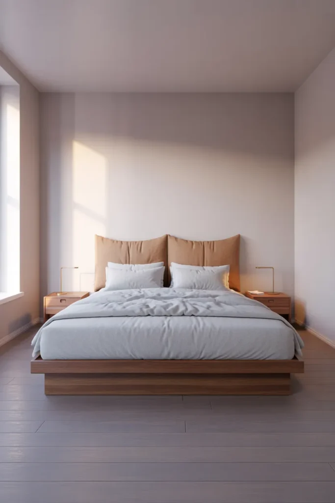 compact modern bedroom with a low-profile walnut platform bed