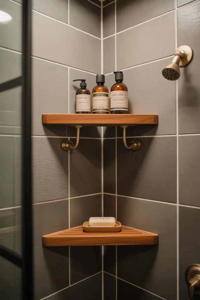 corner with two slim teak wood waterproof shelves