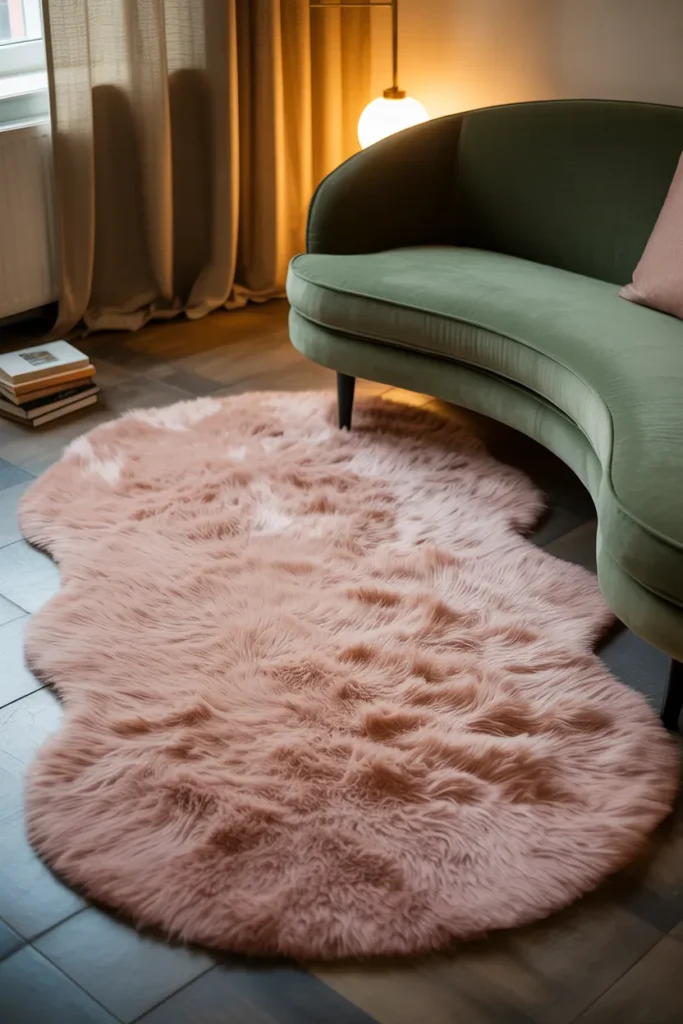 cozy living room with a blush pink high-pile shag rug
