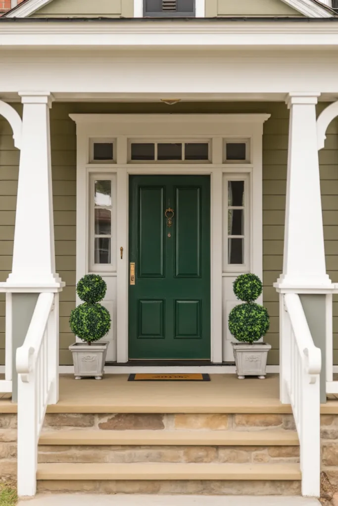 craftsman-style home front porch with a deep forest green painted front door