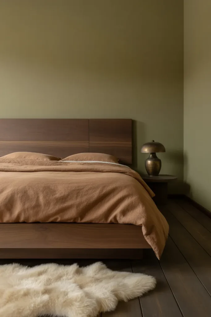 dark walnut platform bed with flat panel headboard