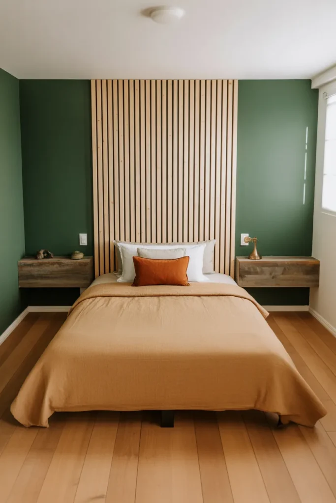 deep forest green painted accent wall behind a twin bed