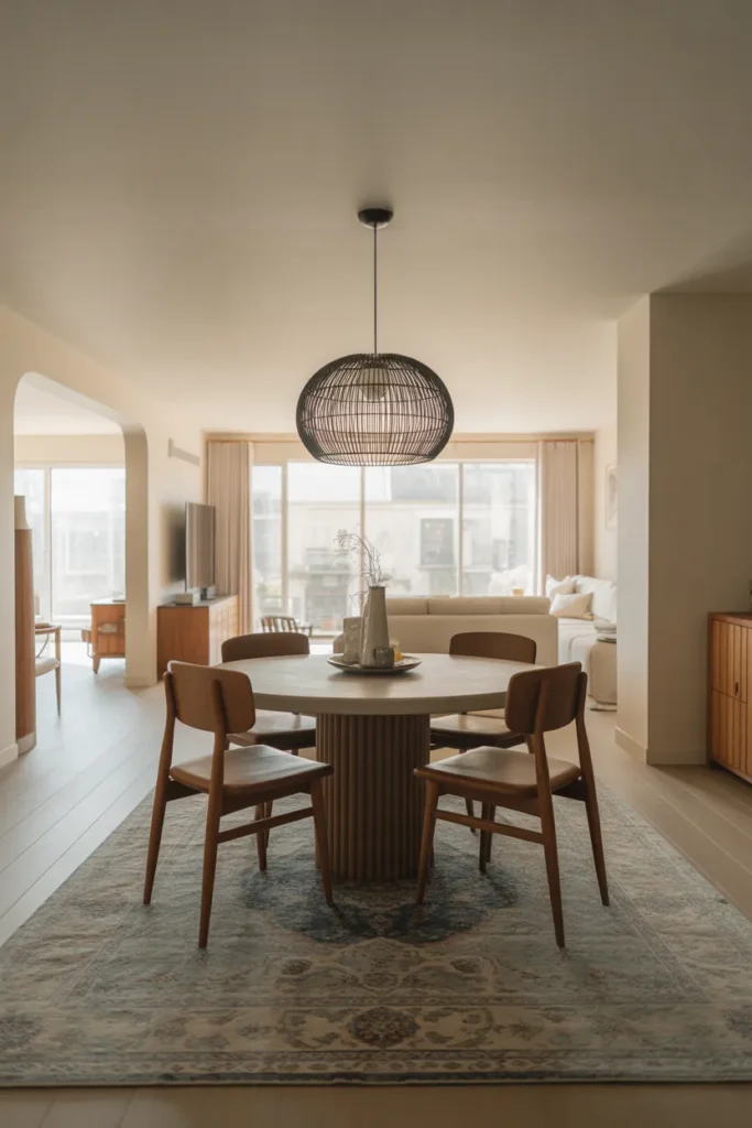 dining space where the dining zone is defined by a large vintage-style muted blue and cream area