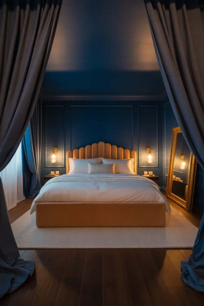 dramatic bedroom with deep navy blue walls