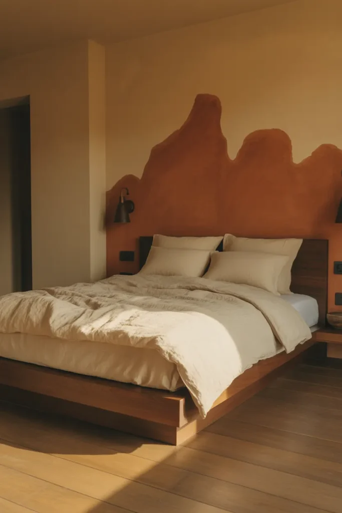 dusty terra cotta accent wall with raw plaster texture behind bed