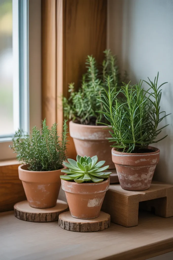 entryway shelf with a cluster of four small terracotta pots