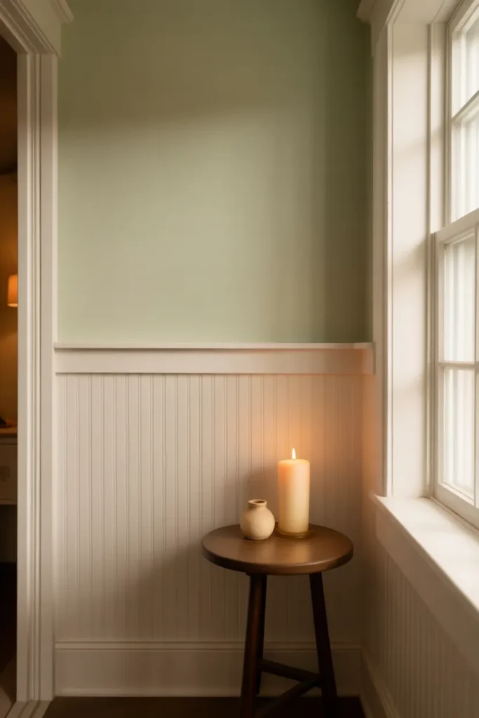 entryway with white painted beadboard wainscoting
