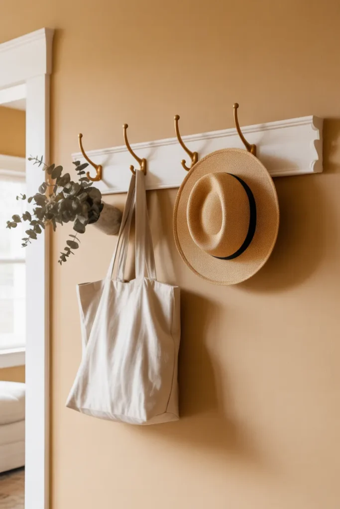 farmhouse home entryway with a white-painted Shaker peg rail mounted on a warm beige wall