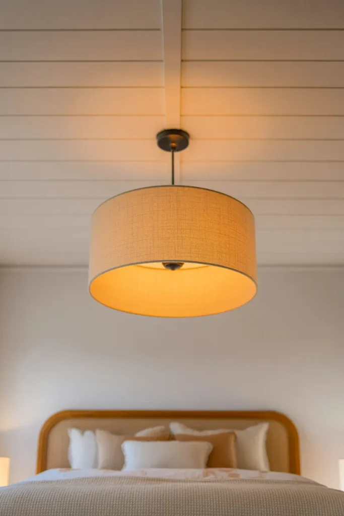 featuring a warm cream linen drum pendant light hanging from a white ceiling