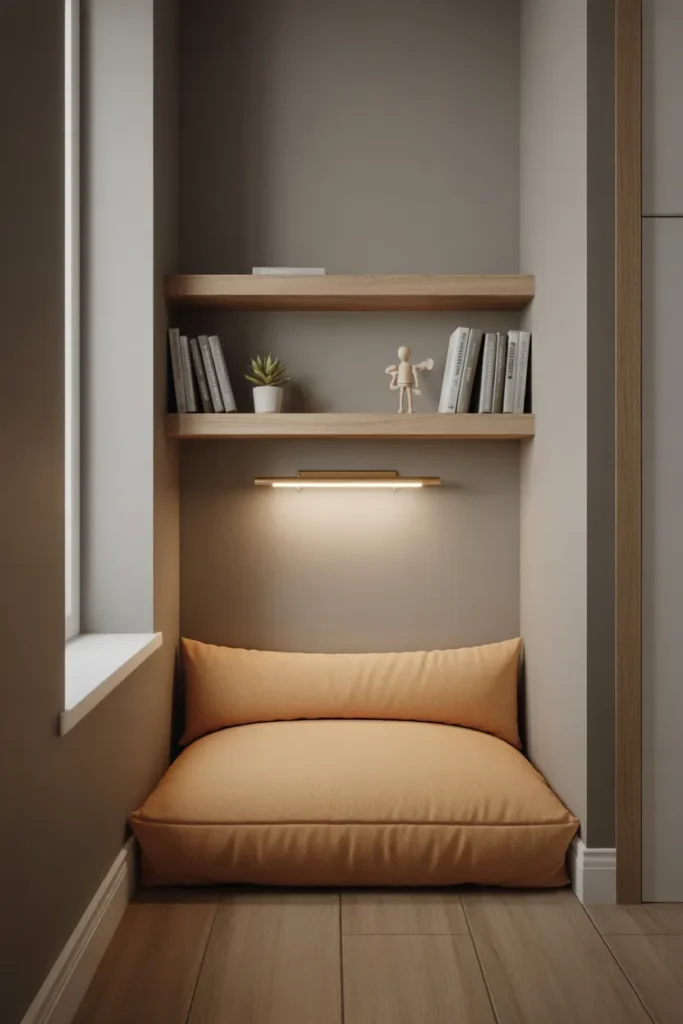 floor-level bench cushion in warm oatmeal linen fabric against a greige wall