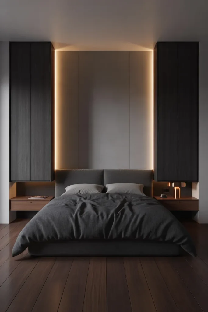 floor-to-ceiling dark charcoal built-in wall panels flanking bed