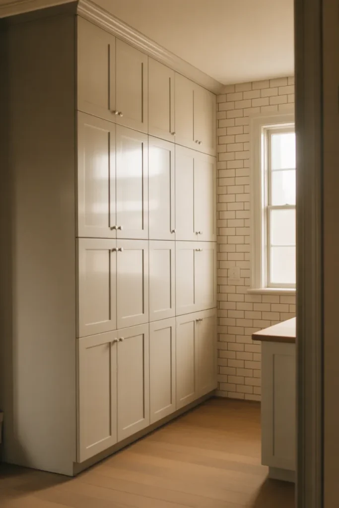 floor-to-ceiling white shaker cabinets on one wall