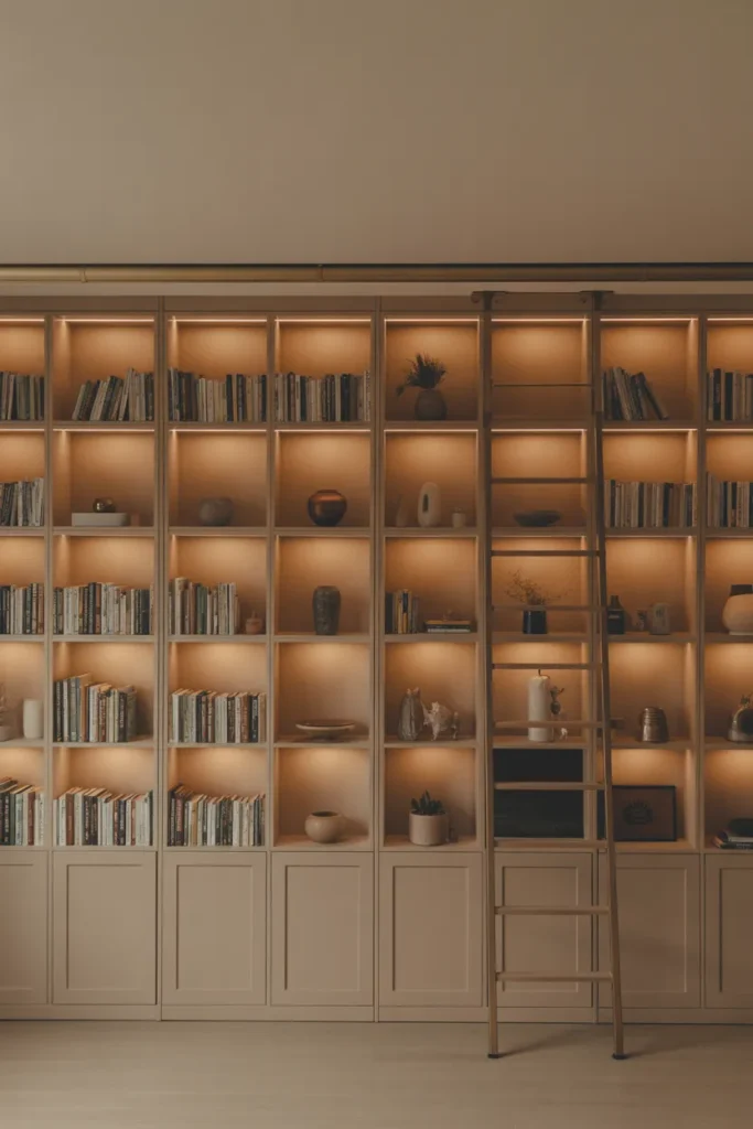 full-wall floor-to-ceiling built-in bookcase painted in warm greige