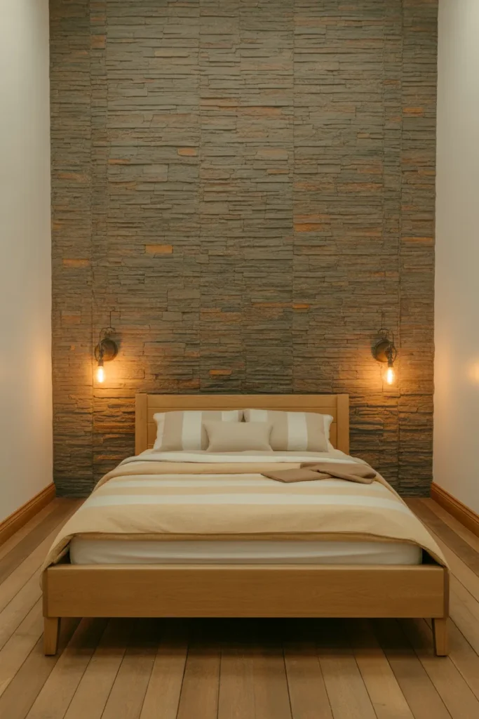 full wall stacked slate stone accent wall in warm gray