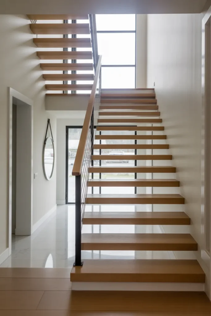 grand entryway featuring a straight-run open-riser staircase