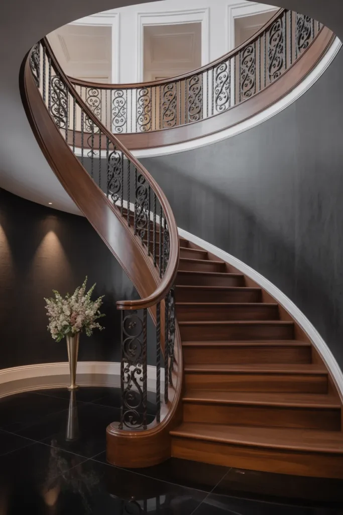grand entryway featuring a sweeping curved staircase with rich dark walnut treads