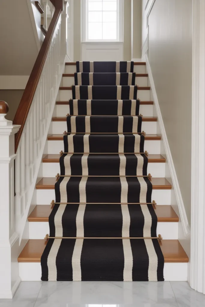 grand entryway staircase with a bold black and cream geometric wool stair runner installed down the center of the stairs