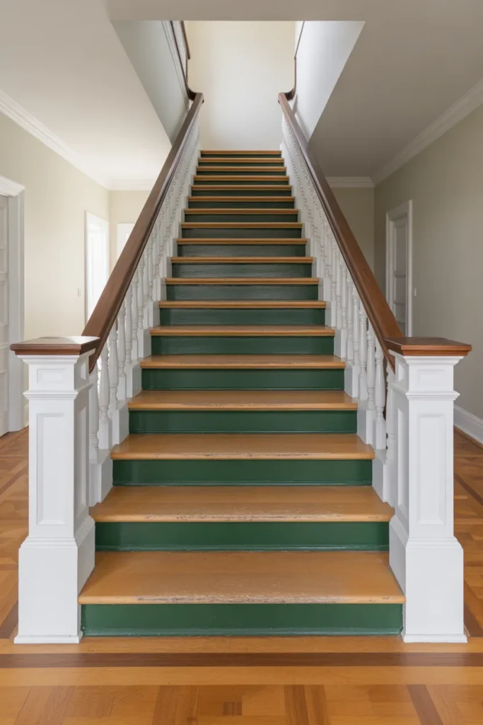 grand entryway staircase with natural light oak wood treads