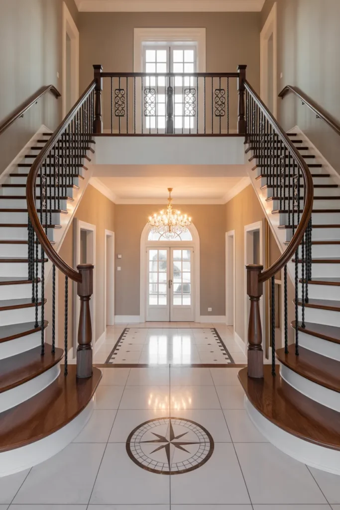 grand residential foyer featuring a symmetrical double bifurcated staircase rising from both sides of the foyer