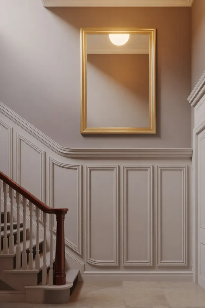 grand staircase entryway showing a double-height staircase wall fully paneled