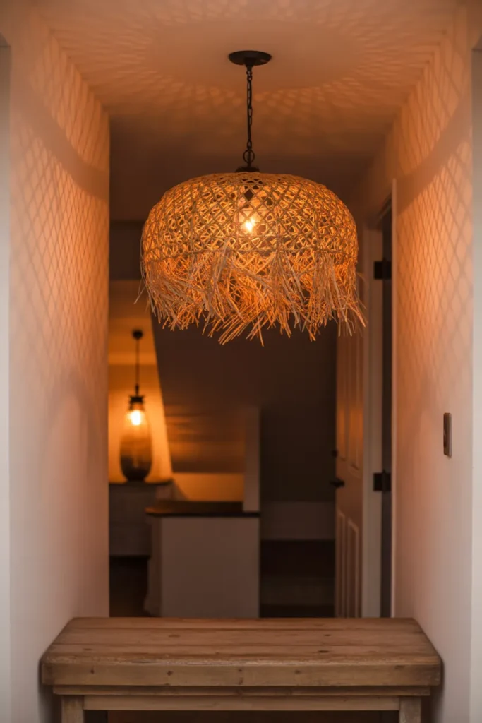 hand-woven rattan pendant light hanging from the ceiling