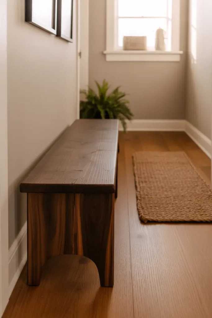home entryway featuring a reclaimed dark walnut wood bench