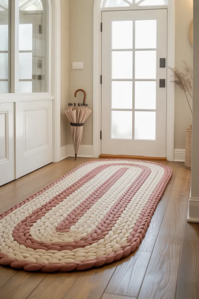 home entryway with a hand-woven cream and dusty rose braided wool rug