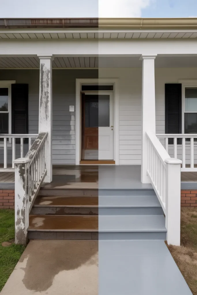 home front porch showing a clear before-and-after split composition
