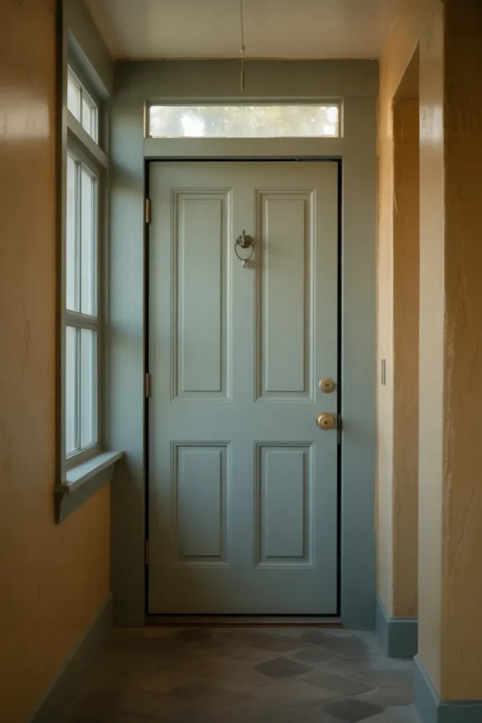interior face of the front door painted in muted dusty sage green