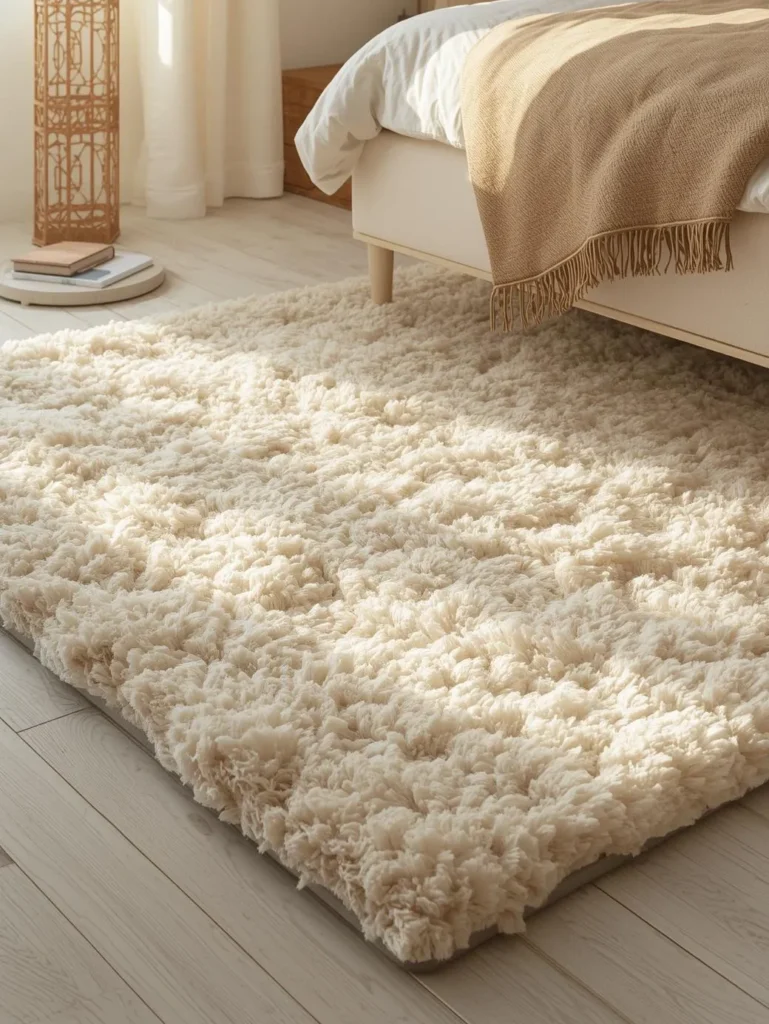 ivory bouclé area rug extending wide