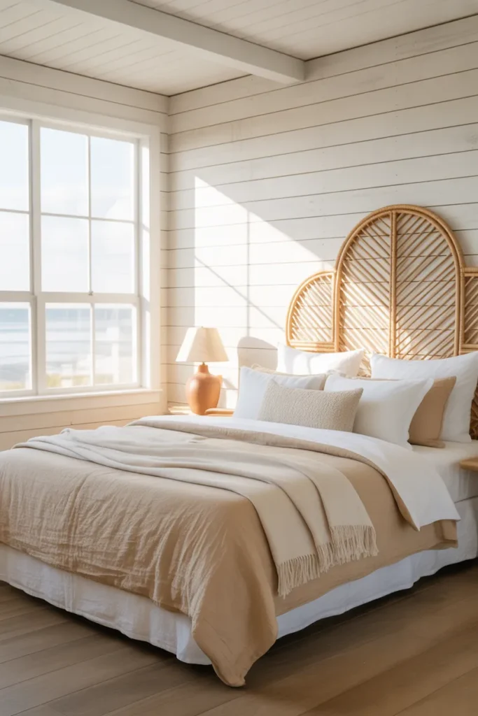 king bedroom with a natural rattan arched headboard