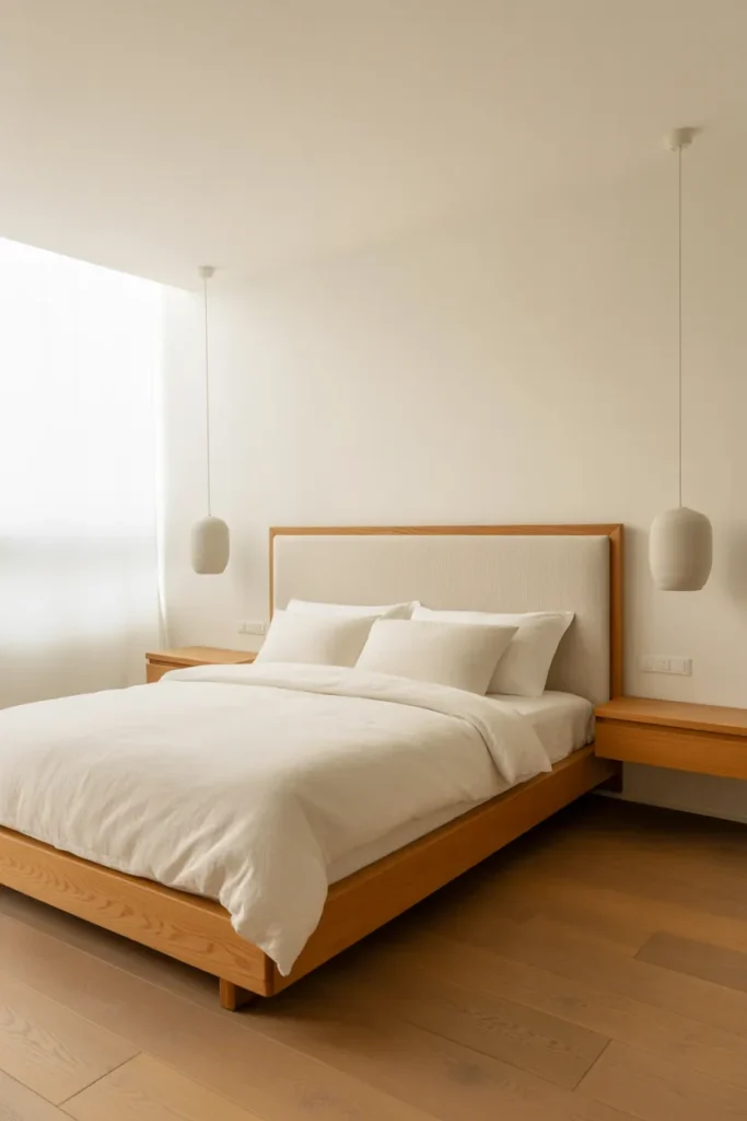 king bedroom with warm white walls and medium honey oak wood flooring