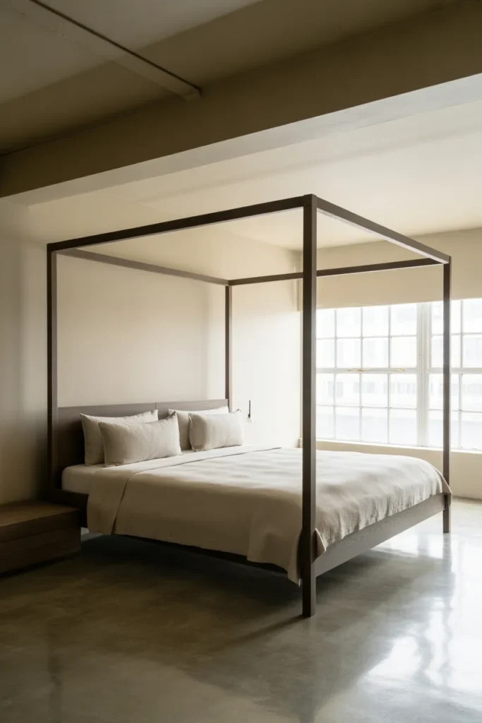 king four-poster bed with slender matte black steel posts and no canopy
