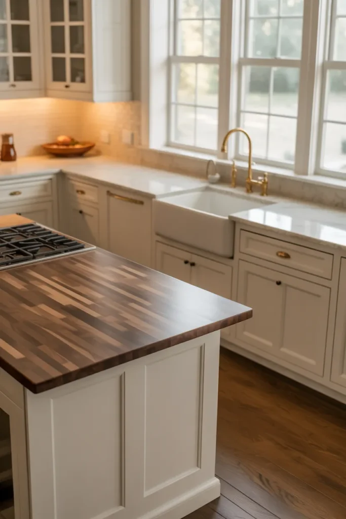 kitchen with end-grain walnut butcher block island countertop